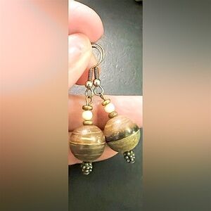 Elegant Vintage Silver White & Brown Wooden Beaded Earrings